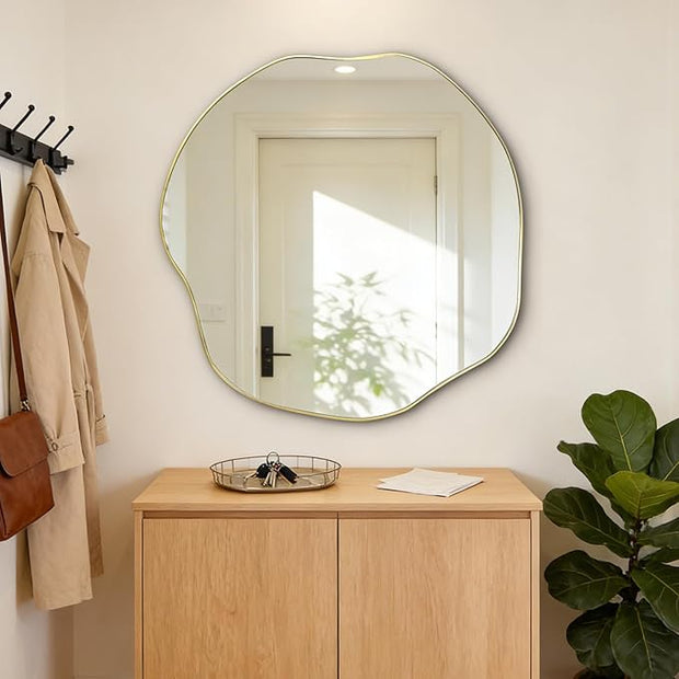 POZINO Gold Irregular Mirror, 30" Scalloped Rounded Mirrors, Asymmetrical Frameless Mirror, Modern Abstract Wall Mirrors for Living Room Bedroom Bathroom Entryway Hallway Fireplace
