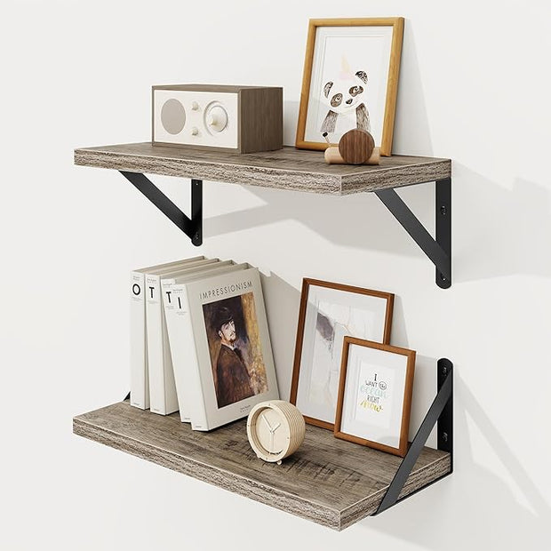 Floating Shelves, 8 Inch Deep Rustic Wood Wall Storage, 16W x 8D Wall Shelves Set of 2, Heavy Duty Metal Brackets, Industrial Book Shelf for Living Room, Kitchen, Bathroom, Bedroom, Grey