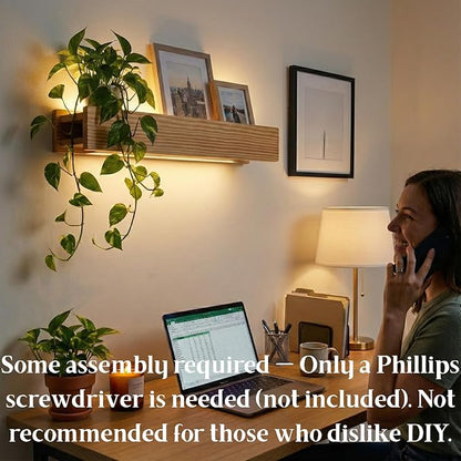 24" Natural Wood LED Floating Shelf, Heavy Duty Solid Pine Decorative Wall Mounted Shelf with Soft Ambient Lights, Minimalist Ledge for Living Room & Bedroom, Ideal for Scandinavian Home Decor