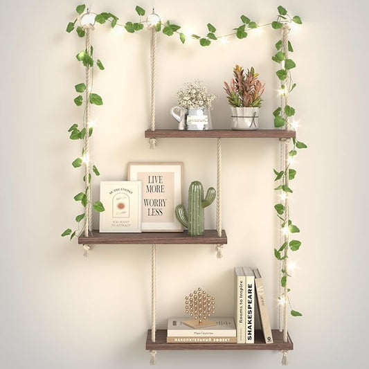 Hanging Shelves for Wall with Vine Lights, 3 Tier Rope Wall Hanging Plant Shelf, Boho Wall Decor Aesthetic for Succulents, Bedroom, Living Room, Bathroom (Rustic Brown)