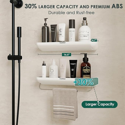 Shower Shelf with Towel Bar- Modern Bathroom Organizers Storage Self Adhesive Strong- Caddy Stick to Wall Mounted Rack- No Drilling Rustproof Plastic Acrylic White- Home Apartment