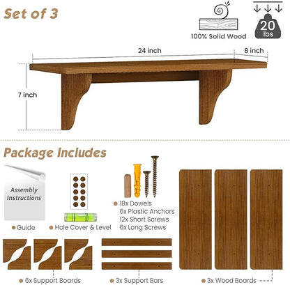 Forbena Wooden Floating Shelves for Wall Set of 3, 24 Inch Wall Shelf for Bedroom, Dark Wood Arched Hanging Wall Shelves for Bedroom, Living Room, Office, Nursery, Dining Room (Walnut Brown)