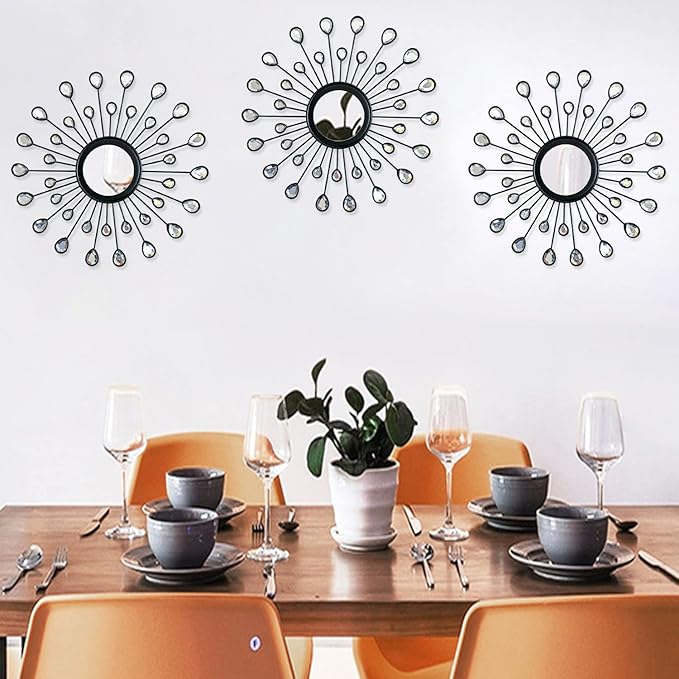 Uaussi 3 Pack Crystal Sunburst Wall Mirror Décor Rhinestone Mirrors Decorative Home Wall Art for Living Room Bedroom Entryway(Drop-Shape Black)