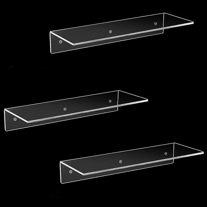 MyGift 17-Inch Clear Acrylic Floating Shelves - Wall Mounted Modern Crystal Display Shelf Racks, Set of 3