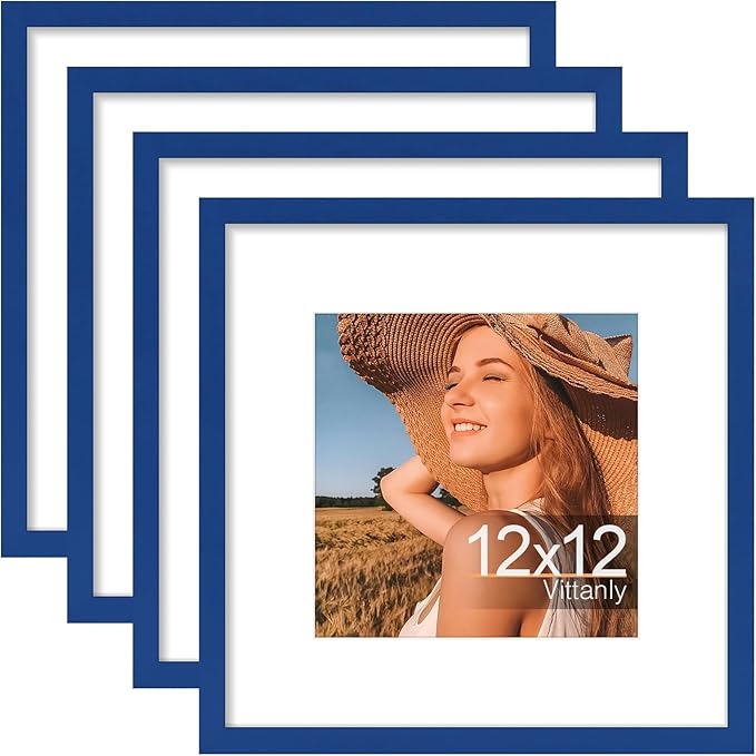 Vittanly 12x12 Picture Frames Set of 4, Display Pictures 8x8 with Mat or 12x12 without Mat, Gallery Frame for Wall Display, Engineered Wood with Shatter Resistant Plexiglass, Royal Blue