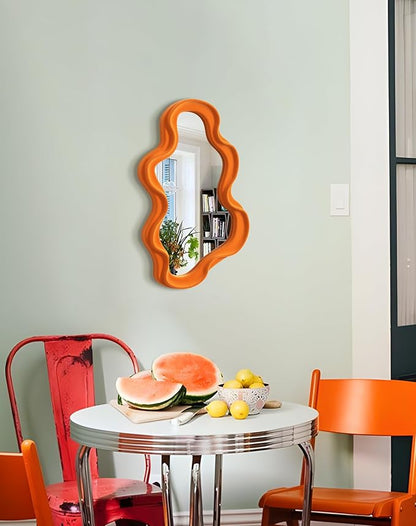 Small Decorative Mirror for Girly Bedroom Dresser Decor, Vivid Abstract Wavy Wall Mirrors for Home Aesthetic Book Coffee Shop Hotel Decoration, Unique Gift for Birthday Thanksgiving (Orange)