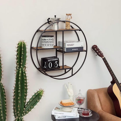 Industrial Style Round Wall Shelves, 3 Tier Decorative Floating Ledge Shelves, Wall Mounted Metal Bracket Wooden Display Hanging Shelf