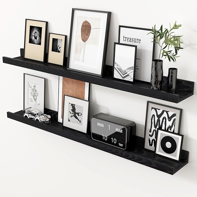 Axeman Oak Picture Ledge Shelf, 36 Inch Floating Shelves Set of 2, Solid Oak Wood Wall Shelves with Lip, Wall Decor Storage for Bedroom Living Room Bathroom Kitchen Nursery Photo Picture, Black