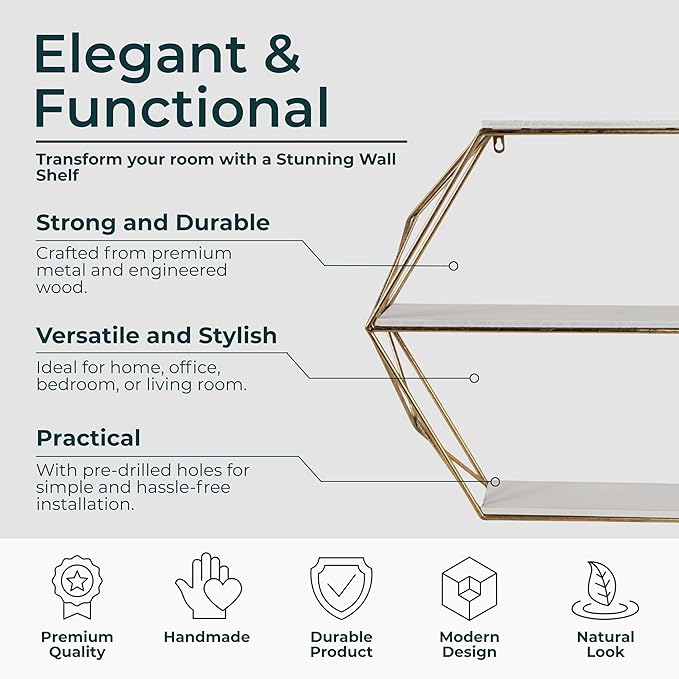Geometric Decorative Wall Shelf with Gold Finish – 3-Tier Metal & Wood Home Decor Floating Display Shelf – Modern Wall Shelves for Bathroom, Bedroom & Living Room – 24"