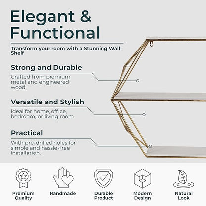 Geometric Decorative Wall Shelf with Gold Finish – 3-Tier Metal & Wood Home Decor Floating Display Shelf – Modern Wall Shelves for Bathroom, Bedroom & Living Room – 24"
