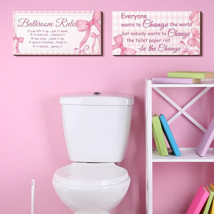 Jetec 2 Pieces Funny Bathroom Signs Bathroom Wall Decor Toilet Wall Accessories Farmhouse Toilet Rustic Wooden Signs, 12x6 Inch(Pink Bow Style)