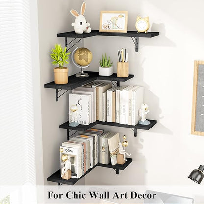 Love-KANKEI Corner Shelf Wall Mounted,Floating Wall Shelves for Storage,Rustic Wood Hanging Shelves for Display,Bathroom Kitchen Bedroom Living Room,Set of 4,Black