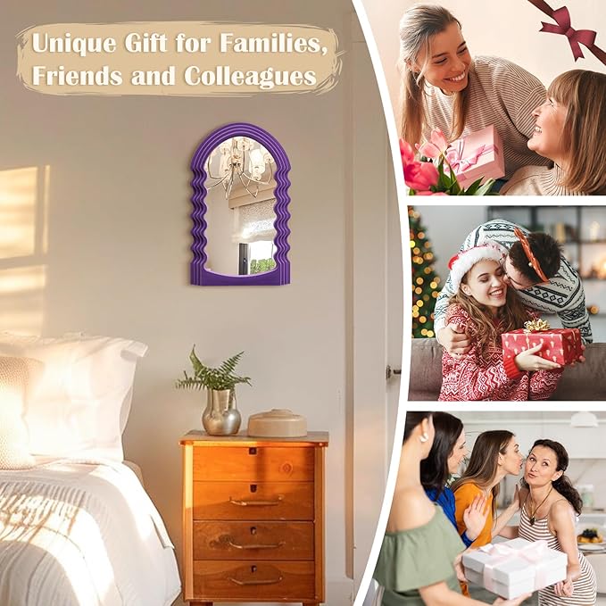 Wavy Mirror Wall Decor for Girly Nursery Bedroom, Small Decorative Irregular Mirrors for Modern Vintage Home Office Living Room Housewarming Birthday Gift, Unique Hanging Art Accent (Purple)