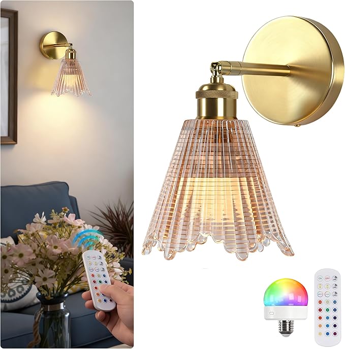 Vintage Battery Operated Wall Sconce with Amber Crystal Grid Glass Lampshade Rechargeable Battery Powered Wall Light with Remote Control for Bedside Bedroom Bathroom, Set of 1