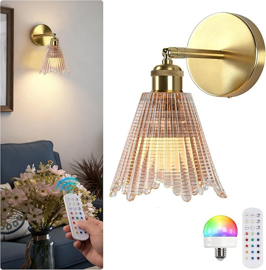 Vintage Battery Operated Wall Sconce with Amber Crystal Grid Glass Lampshade Rechargeable Battery Powered Wall Light with Remote Control for Bedside Bedroom Bathroom, Set of 1