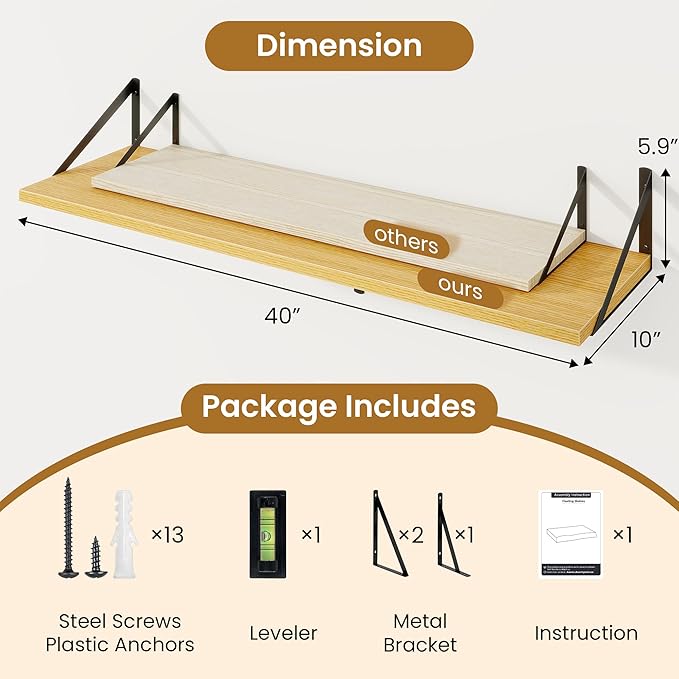 Floating Shelves for Wall,40" Wall Mounted Shelves Set of 2,Long Wood Floating Shelves,Hanging Wide Display & Storage Shelf with Metal Brackets for Bathroom,Bedroom,Kitchen,Living Room,Oak