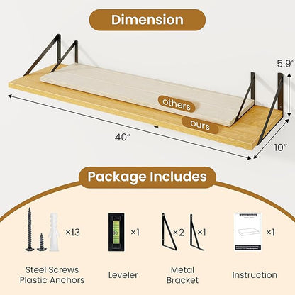 Floating Shelves for Wall,40" Wall Mounted Shelves Set of 2,Long Wood Floating Shelves,Hanging Wide Display & Storage Shelf with Metal Brackets for Bathroom,Bedroom,Kitchen,Living Room,Oak