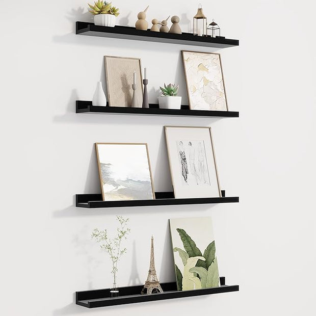 Fun Memories Picture Ledge Shelf for Wall, Floating Shelves Set of 4, 24 Inch Long Nursery Book Shelves for Toys Storage, Kids Bookshelf Wall Mounted for Books Photo Frames, Black