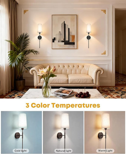 Battery Operated Wall Sconce Set of 2, 13000mAh Rechargeable Battery Powered Sconces with Remote Dimmable Fabric Shade Wireless Sconces Fixture for Bedroom Living Room