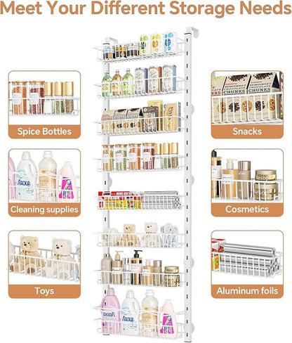 MIAOLI Over the Door Pantry Organizer, 8-Tier Adjustable Spice Rack Cabinet Door Shelves, Hanging Seasoning Organizer for Kitchen Bathroom, Laundry Room Organization, White