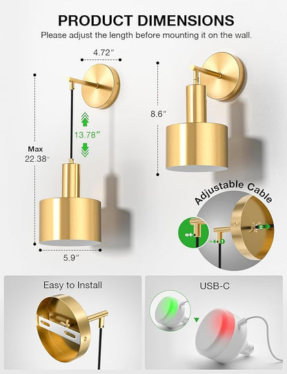 NIORSUN Battery Operated Wall Sconce Set of 2, Gold Wireless Rechargeable Wall Lights with 5200mAh Dimmable Detachable Bulbs and Remote, 9 Colors Sconces Wall Decor for Bedroom Living Room Hallway