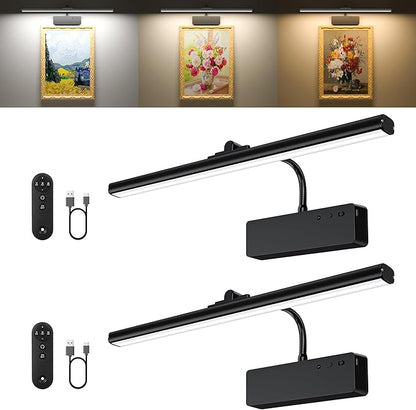 Picture Light, 15.35inch Picture Lights for Wall Rechargeable, Battery Lights for Pictures on Wall, 3 Color Art Lighting for Paintings with Timer and Dimmable Artwork Display (Black-2PCS)