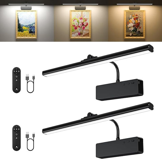 Picture Light, 15.35inch Picture Lights for Wall Rechargeable, Battery Lights for Pictures on Wall, 3 Color Art Lighting for Paintings with Timer and Dimmable Artwork Display (Black-2PCS)