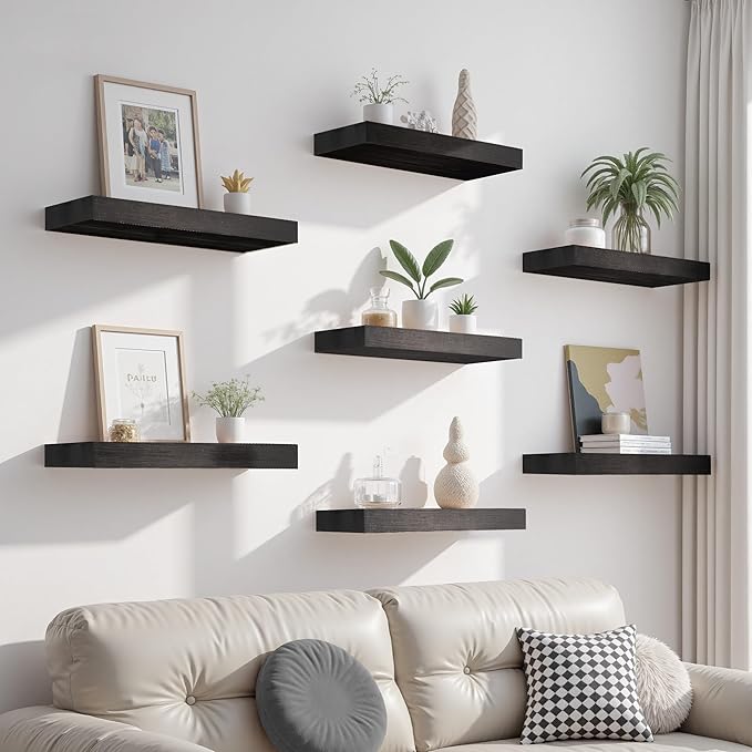 Solid Wood Floating Shelves for Wall 16 inch Bathroom Hanging Wall Shelves Set of 2 for Living Room Bedroom Kitchen Farmhouse 16x6.7 inch - Black