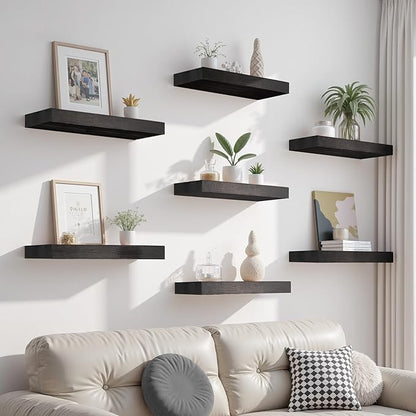 Solid Wood Floating Shelves for Wall 16 inch Bathroom Hanging Wall Shelves Set of 2 for Living Room Bedroom Kitchen Farmhouse 16x6.7 inch - Black