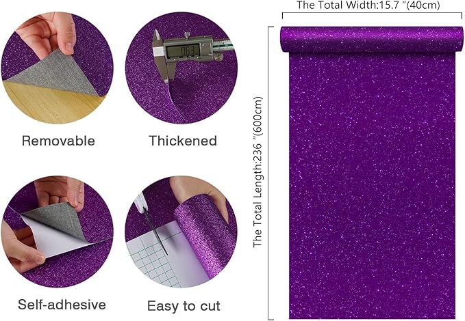 CHIHUT 15.7''x236'' Dark Purple Glitter Contact Paper Peel and Stick for Bedroom Walls Self Adhesive Sparkle Glitter Wallpaper Decorative Removable Purple Wallpaper Fabric Roll for Cabinet Shelf Liner
