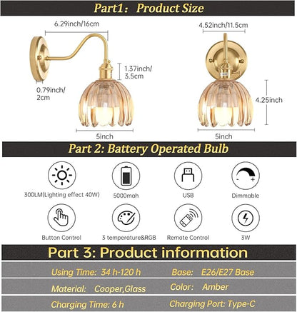 Vintage Battery Operated Wall Sconce, 5000mAh Rechargeable Wall Light, Indoor Battery Powered Wall Lamp for Bedside Bedroom Living Room, Tulip Amber