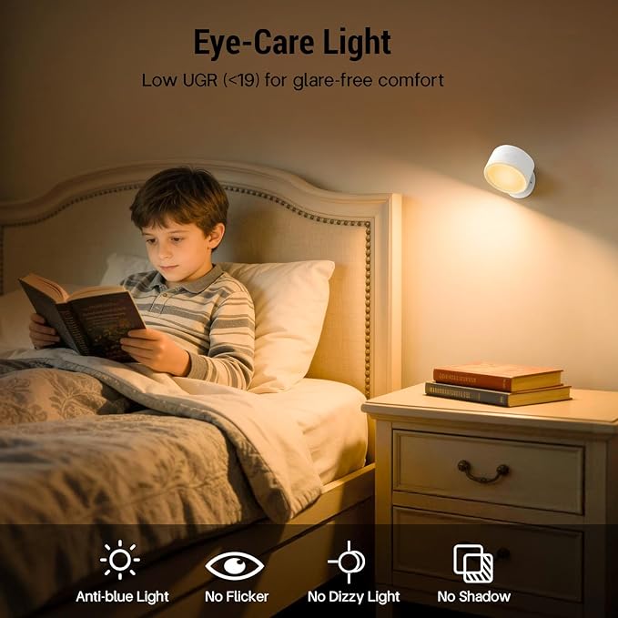 LED Wall Sconces, 160H Battery Life, Rechargeable Cordless Mounted Lights, 3 Color & 4 Brightness Level & 360°Rotate Magnetic Ball & Touch or Remote, for Reading Bedroom (White)