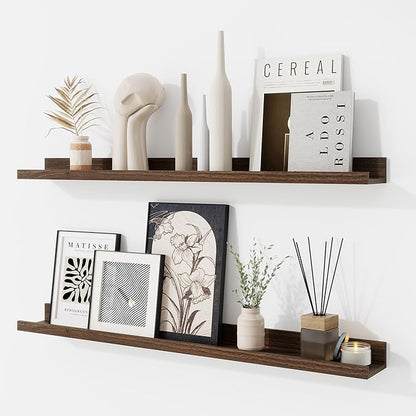 RICHFOCUS Picture Ledge Shelf, 30 inch Floating Shelves Set of 2, Wood Wall Shelves with Lip, Wall Decor Storage for Bedroom Living Room Bathroom Kitchen Nursery Photo Picture, Walnut