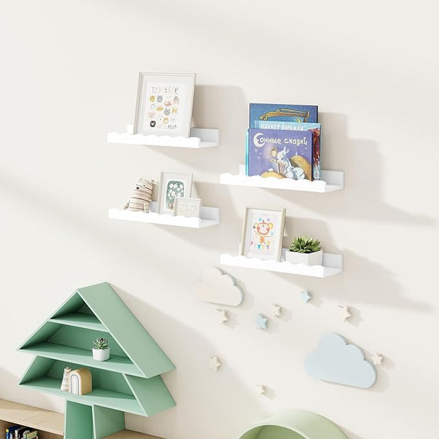Fun Memories Picture Ledge Shelf for Wall, 16 inch Pine Wood Nursery Book Shelves Set of 4- Wall Book Shelves for Kids Room, Home Decor - Kitchen Spice-White
