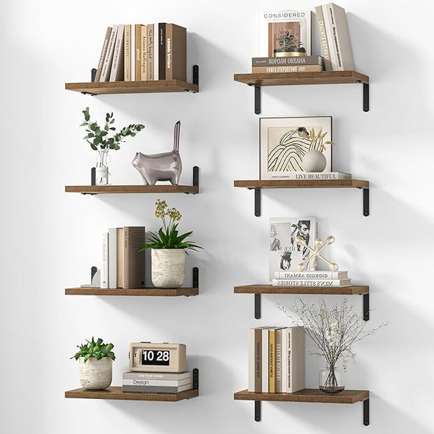 Marsmiles Extra Wide Floating Shelves for Wall, 16x8 Inch Natural Wood Grain Bookshelves, Heavy Duty Mounted Shelving for Bathroom, Kitchen, Living Room, Bedroom,Set of 8，Rustic Brown