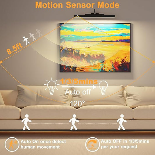 Picture Light for Wall Art Motion Sensor – 16'' Wireless and Dimmable Gallery Light, 5000mAh Battery Operated with Remote Control Art Light Over Frame Paintings and Artworks (Black)