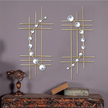ZEXUIRU 2 Pack Gold Abstrac Wall Decor – Metal Crystal Wall Art with Sparkling Rhinestones, 16.5’’/24 Inch Wall Hanging Set for Living Room Bedroom Bathroom – Modern Bling Home Decorations