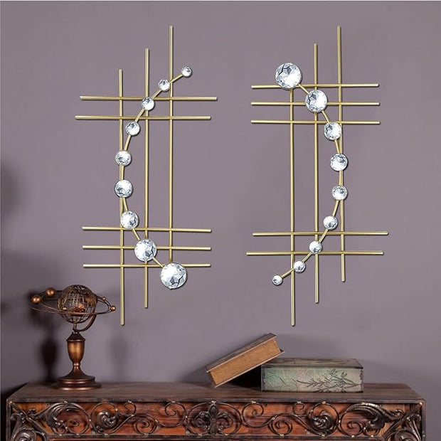 ZEXUIRU 2 Pack Gold Abstrac Wall Decor – Metal Crystal Wall Art with Sparkling Rhinestones, 16.5’’/24 Inch Wall Hanging Set for Living Room Bedroom Bathroom – Modern Bling Home Decorations