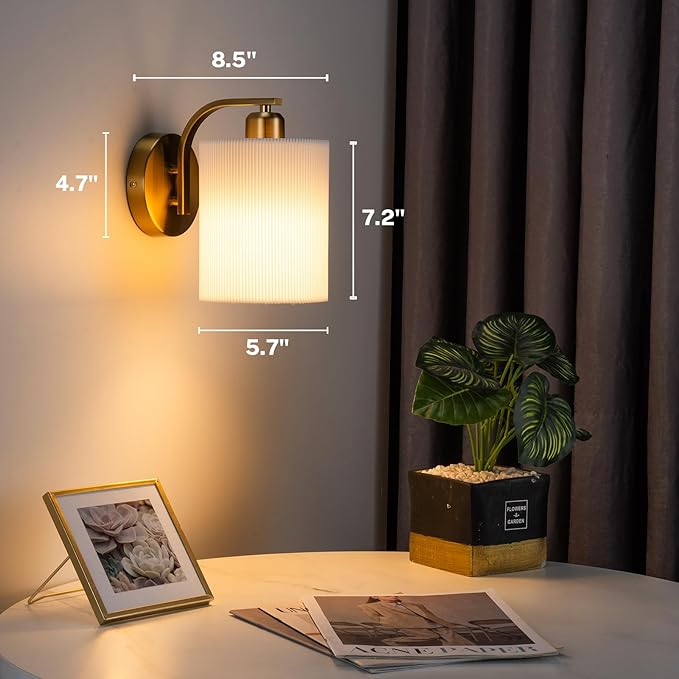 Battery Operated Wall Sconce Set of 2, Rechargeable Wall Sconce with 13000mAh Bulb Pleated Lampshade, Wireless Battery Powered Wall Sconces Set of 2 for Bedroom Living Room, Gold