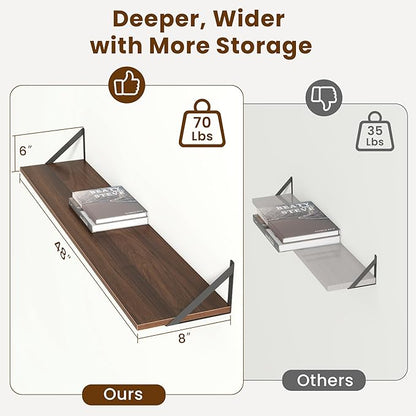 Floating Shelves for Wall,48" Wx8 D Wood Wall Shelves,Hanging Storage Floating Shelf with Metal Brackets,Wide Floating Bookshelf for Living Room,Office,Bedroom,Bathroom,Set of 2,Walnut
