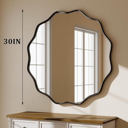 Round Wavy Mirror - 30 Inch Metal Frame Round Mirrors Wavy Edge Circle Mirror for Bathroom Bedroom Living Room Entryway Black