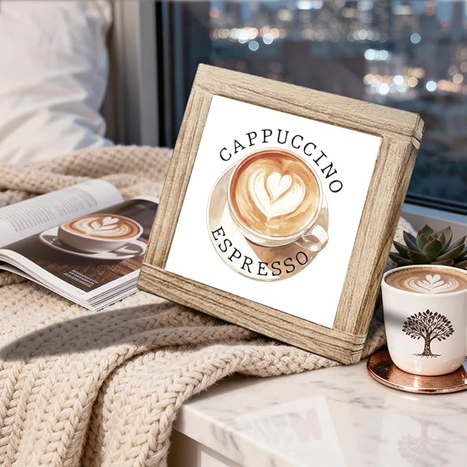 Coffee Decor sign Cappuccino Espresso Handmade Wooden Coffee Sign Rustic Cafe Wall Art For Kitchen Bar Office Decoration Gift For Coffees Connoisseurs Vintage Style Wood Cafe Decor 5.9x5.9 Inch