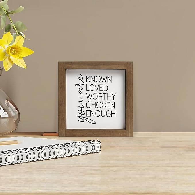 flangairy You Are Known Loved Worthy Chosen Enough Inspirational Sign, 6 Inch Wooden Positive Affirmations Wall Art Decor, Office Bedroom Bathroom Table Shelf Home Decorations