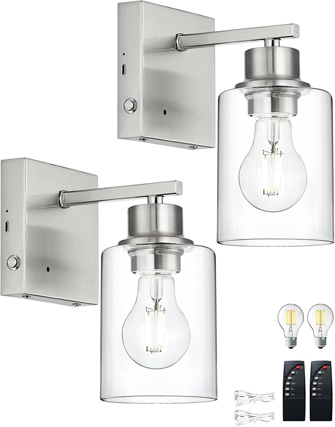 Wireless Wall Sconces, Nickel Battery Operated Wall Sconce Set of 2 with Timer Function, Easy Install Dimmable Rechargeable Wall Lamps for Living Room, Bedroom, Hallway, Entryway Decor 3000K