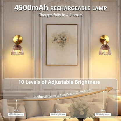 Vintage Battery Operated Wall Sconce with Amber Flower Crown Glass Lampshade Rechargeable Battery Powered Wall Light with Remote Control for Bedside Bedroom Bathroom, Set of 1