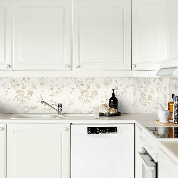 Ismoon Peel and Stick Wallpaper Floral Vintage Stick on Wall Paper Beige French Textured Contact Paper for Cabinet Removable Self Adhesive Wallpaper Vinyl Roll Shelf Deco, 17.3x118in