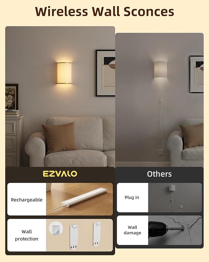 EZVALO Battery Operated Wall Sconce, Wireless Wall Sconces Set of Two with Remote, 3 Color & 80 RGB Rechargeable Wall Lights, Dimmable, Timer, White Linen Shade Wall Decor for Bedroom, Living Room