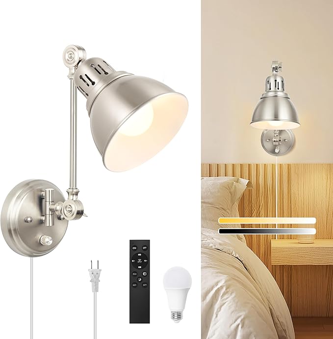 1 Pack Plug in Wall Sconce with Remote Control, Dimming, Adjustable Colors 2700K-6500K, Plug in Wall Light, Swing Arm Wall Lamp with Night Light & Timer, LED Bulb Included, Brushed Nickel