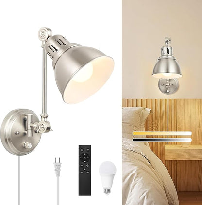 1 Pack Plug in Wall Sconce with Remote Control, Dimming, Adjustable Colors 2700K-6500K, Plug in Wall Light, Swing Arm Wall Lamp with Night Light & Timer, LED Bulb Included, Brushed Nickel