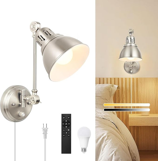 1 Pack Plug in Wall Sconce with Remote Control, Dimming, Adjustable Colors 2700K-6500K, Plug in Wall Light, Swing Arm Wall Lamp with Night Light & Timer, LED Bulb Included, Brushed Nickel